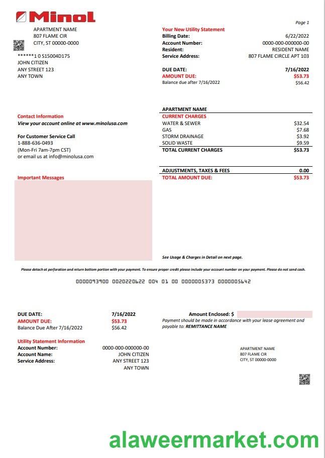 USA Texas Minol utility bill template in Word and PDF format